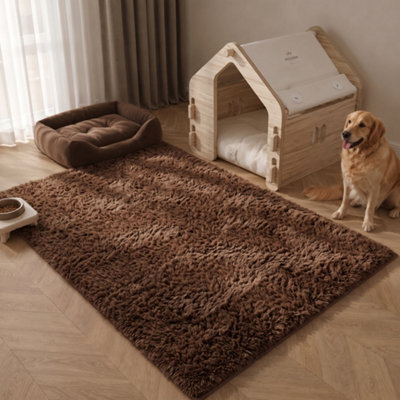 Oxford Homeware Shaggy Rug Anti-Slip Washable Soft Fluffy Living Room And Bedroom Rug (Brown, 60X110Cm) - image 1