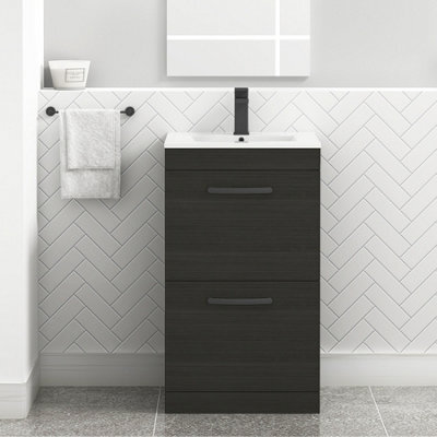 Royal Bathrooms Turin Hale Black 500mm Floor Standing Vanity Unit 2 Drawer With Minimalist Basin Sink & Matt Black Handles - image 1