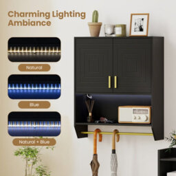 Costway Wall Mounted Bathroom Cabinet Over The Toilet Storage Cabinet With Lights-Black - thumbnail 8