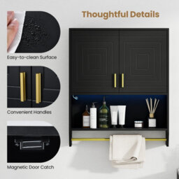 Costway Wall Mounted Bathroom Cabinet Over The Toilet Storage Cabinet With Lights-Black - thumbnail 9