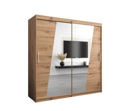 Arte Rhomb Contemporary Mirrored 2 Sliding Door Wardrobe 9 Shelves 2 Rails Oak Artisan Effect (H)2000mm (W)2000mm (D)620mm - image 1