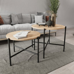 Urbn-Living Urbnliving 65Cm Width 2Pcs Round Pine Wooden Nesting End Coffee & Side Table Set With Metal Legs
