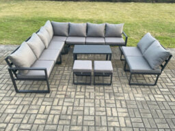 Fimous Aluminium 11 Seater Patio Outdoor Garden Furniture Lounge Corner Sofa Set With Coffee Table With 2 Small Footstools - thumbnail 2