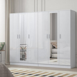 Reflect 2Pc Wardrobe Bundle - 3 Door Mirror + 3 Door Mirror - White Gloss & Matt White - H: 180Cm X W: 224Cm X D: 47Cm