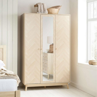 3 Door Oak Brown Wooden Wardrobe With Mirror Birlea Herringford - image 1