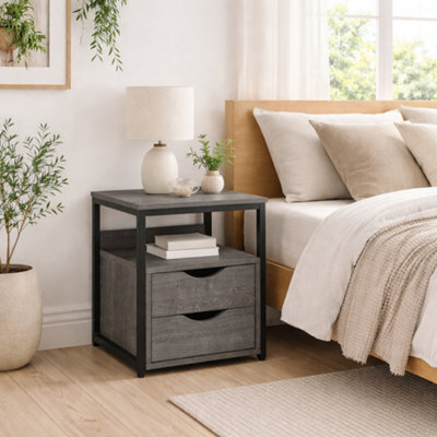 Wyld Haus Sesopa Metal Grey Industrial Slim Bedside Table With 2 Drawers And Open Shelf, L40 X D35 X H49Cm