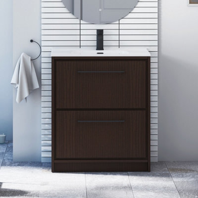 Royal Bathrooms Livora 700mm Walnut Woodgrain Floor Standing Bathroom Vanity Unit 2 Drawer With Ceramic Basin & Matt Black Handle - image 1