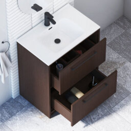 Royal Bathrooms Livora 700mm Walnut Woodgrain Floor Standing Bathroom Vanity Unit 2 Drawer With Ceramic Basin & Matt Black Handle - thumbnail 4