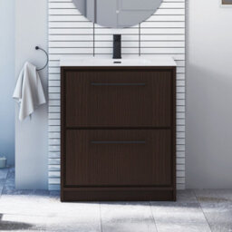 Royal Bathrooms Livora 700mm Walnut Woodgrain Floor Standing Bathroom Vanity Unit 2 Drawer With Ceramic Basin & Matt Black Handle
