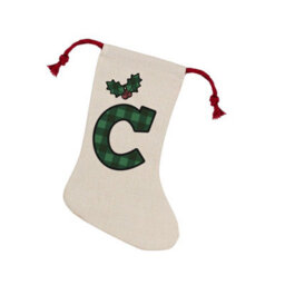 Purely Home Green Tartan Alphabet Letter C Stocking - Novelty Initial Xmas Gift Linen-Style With Red Drawstring Ties