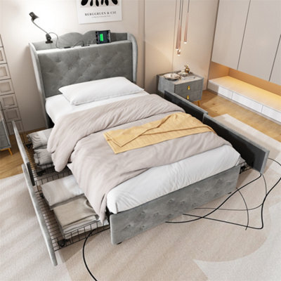 Abrihome 3Ft Single Upholstered Bed 90X190Cm, With 4 Drawers And Lamp, 3 Usb Port+1 Type C, Durable And Sturdy, Velvet, Grey - image 1