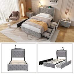 Abrihome 3Ft Single Upholstered Bed 90X190Cm, With 4 Drawers And Lamp, 3 Usb Port+1 Type C, Durable And Sturdy, Velvet, Grey - thumbnail 4