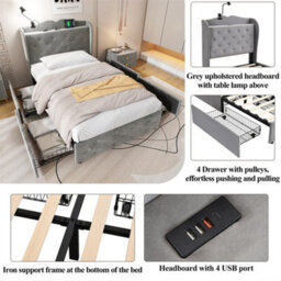 Abrihome 3Ft Single Upholstered Bed 90X190Cm, With 4 Drawers And Lamp, 3 Usb Port+1 Type C, Durable And Sturdy, Velvet, Grey - thumbnail 5