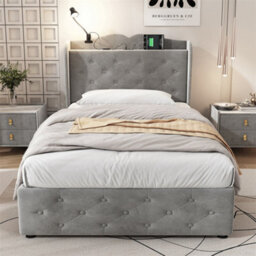 Abrihome 3Ft Single Upholstered Bed 90X190Cm, With 4 Drawers And Lamp, 3 Usb Port+1 Type C, Durable And Sturdy, Velvet, Grey - thumbnail 3