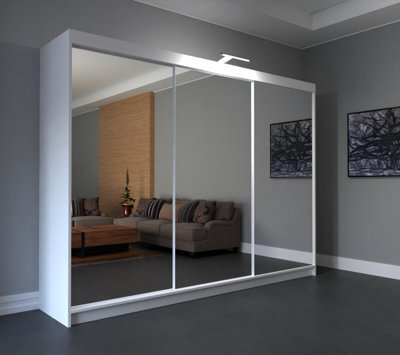 RAC3 Sliding Wardrobe Led Mirror Space Saving Bedroom Wardrobe, Contemporary Bedroom Sliding Wardrobe & Mirror Wardrobe (White 250Cm) - image 1