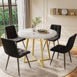 Dining Table Set With 4 Chairs Diameter Round Kitchen Table With Gold Metal Legs White Mdf Table Top Black Velvet Dining Chair