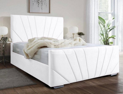 Stratus Interiors Windsor Diagonal Lined Art Deco Velvet Bed Frame With Optional Gas Lift Storage - White Plush - Slatted Base