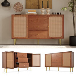 Btm Rattan Sideboard Cabinet, 2 Doors & 3 Drawers, Adjustable Shelf, Walnut 150X40X90Cm