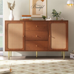 Btm Rattan Sideboard Cabinet, 2 Doors & 3 Drawers, Adjustable Shelf, Walnut 150X40X90Cm - thumbnail 5