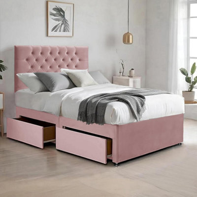 Pink Plush 6Ft Super King Size Bed With Matttress  2 Storage Drawers And 20 Inch Chesterfield Headboard - image 1