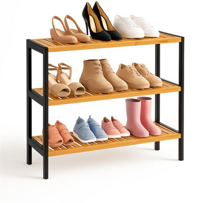 Natural Bamboo Sheleves And Black Frame 3 Tier Shoe Rack Bamboo Wooden Shoe Storage Shelf Holds 12 Pairs  Compact - image 1