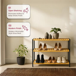 Natural Bamboo Sheleves And Black Frame 3 Tier Shoe Rack Bamboo Wooden Shoe Storage Shelf Holds 12 Pairs  Compact - thumbnail 4