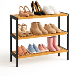 Natural Bamboo Sheleves And Black Frame 3 Tier Shoe Rack Bamboo Wooden Shoe Storage Shelf Holds 12 Pairs  Compact