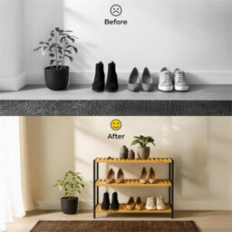 Natural Bamboo Sheleves And Black Frame 3 Tier Shoe Rack Bamboo Wooden Shoe Storage Shelf Holds 12 Pairs  Compact - thumbnail 3