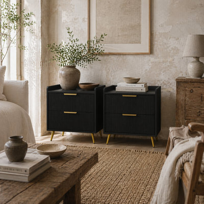Wyld Haus Veha Black Set Of 2 Ribbed 2-Drawer Bedside Tables With Gold Handles - image 1