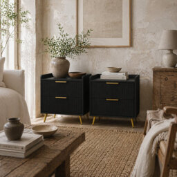 Wyld Haus Veha Black Set Of 2 Ribbed 2-Drawer Bedside Tables With Gold Handles - thumbnail 1