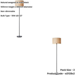 Loops 2 Pack 1615mm Floor Lamp - Natural Seagrass & Matt Black Trendy Woven Texture - Standing Led Light Base & Shade - thumbnail 2