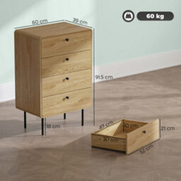 Homcom Chest Of Drawers With 4 Drawers, Modern Dresser For Bedroom, Oak - thumbnail 3
