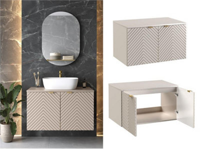 Impact Furniture Bathroom Vanity Unit Wall Hung 800mm Countertop Cabinet Fluted Ribbed Beige Cashmere Cara - image 1
