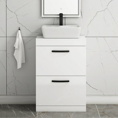 Royal Bathrooms 600mm Floor Standing Vanity Unit 2 Drawer Gloss White & Countertop Basin - Cube With Matt Black Handle - image 1