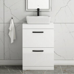 Royal Bathrooms 600mm Floor Standing Vanity Unit 2 Drawer Gloss White & Countertop Basin - Cube With Matt Black Handle - thumbnail 1