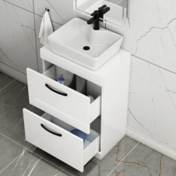 Royal Bathrooms 600mm Floor Standing Vanity Unit 2 Drawer Gloss White & Countertop Basin - Cube With Matt Black Handle - thumbnail 3