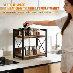 2 Tier Spice Rack Kitchen Shelf Organiser, Heavy-Duty Metal & Wood Stackable Storage Rack, Free Standing Worktop Spice Holder For - thumbnail 5
