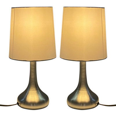 Brushed Silver Touch Table Lamp With Cream Shade Pair Modern Bedside Light, Led Compatible - image 1