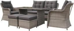 Nustone 6 Seater Luxury Rattan Garden Furniture Set, Outdoor Dining Set With Sofa, Armchairs, Stools & Glass Table In Grey