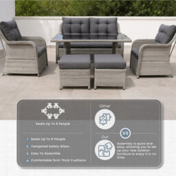 Nustone 6 Seater Luxury Rattan Garden Furniture Set, Outdoor Dining Set With Sofa, Armchairs, Stools & Glass Table In Grey - thumbnail 2