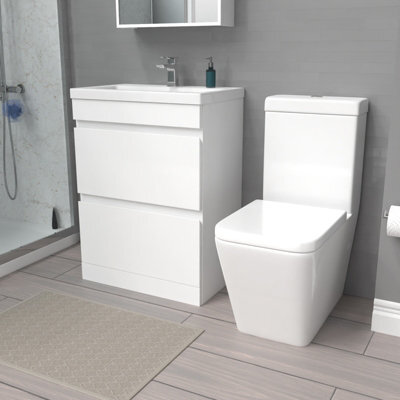 Nes Home 600mm 2 Drawers Freestanding White Basin Vanity & Close Coupled Toilet - image 1