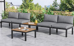 Btm 4 Seater Grey Garden Lounge Set, L-Shaped Space-Saving Sofa With Wooden Table, Patio & Backyard Furniture - thumbnail 7