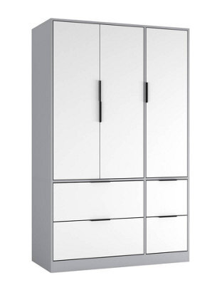 Urbn-Living Urbnliving 3 Door Wardrobe With 4 Drawers Wooden Bedroom Storage Cupboard With Hanging Rail For Clothes - Grey Unit & White Door - image 1