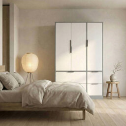 Urbn-Living Urbnliving 3 Door Wardrobe With 4 Drawers Wooden Bedroom Storage Cupboard With Hanging Rail For Clothes - Grey Unit & White Door - thumbnail 6