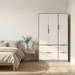 Urbn-Living Urbnliving 3 Door Wardrobe With 4 Drawers Wooden Bedroom Storage Cupboard With Hanging Rail For Clothes - Grey Unit & White Door - thumbnail 2