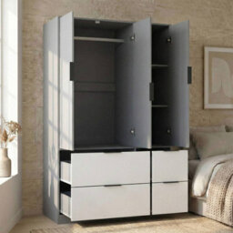 Urbn-Living Urbnliving 3 Door Wardrobe With 4 Drawers Wooden Bedroom Storage Cupboard With Hanging Rail For Clothes - Grey Unit & White Door - thumbnail 3
