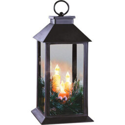 Christmas Lantern With 3 Flickering Warm White Led Candles & Frosted Pine Needle Decorations - Measures H28.5Cm X 14Cm Diameter