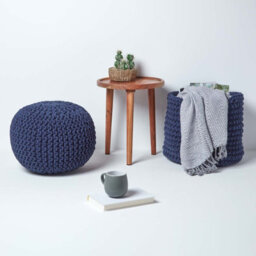 Homescapes Navy Blue Round Cotton Knitted Pouffe Footstool - thumbnail 6
