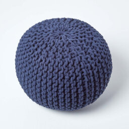 Homescapes Navy Blue Round Cotton Knitted Pouffe Footstool - thumbnail 3