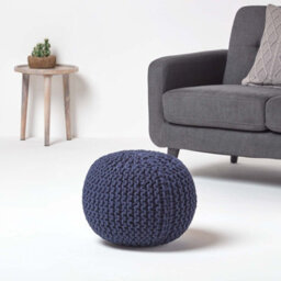 Homescapes Navy Blue Round Cotton Knitted Pouffe Footstool - thumbnail 2